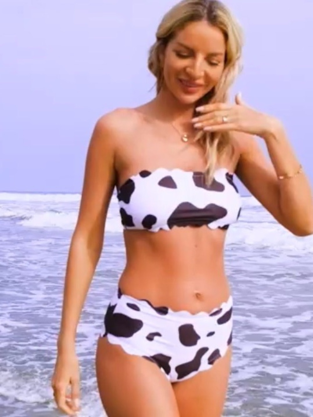Amazon Black & White Cow-Print Scallop Bikini Set